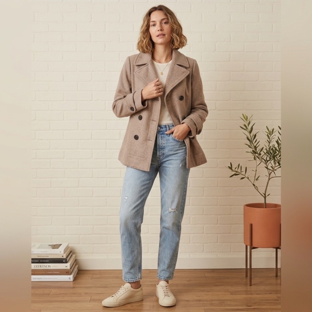 🔴Bershka Wool Blend Double Breasted Peacoat Tan Beige Plaid Lined Medium